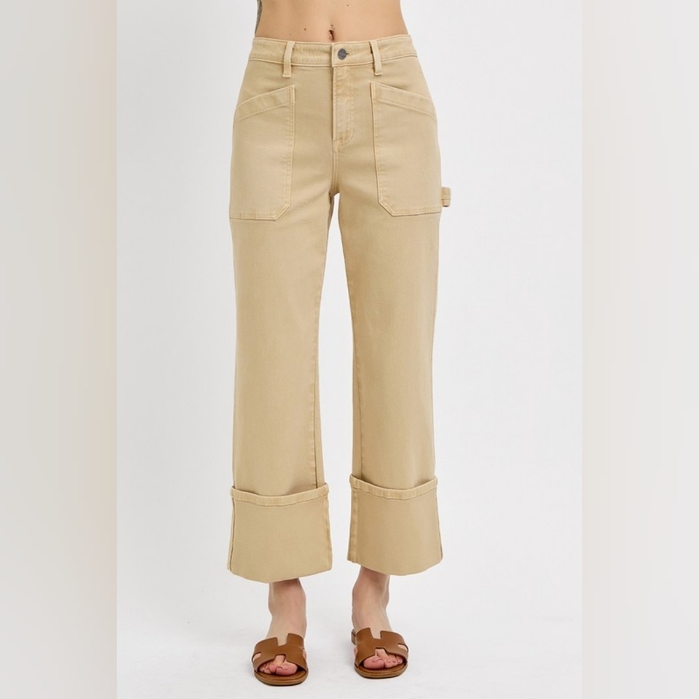Risen High Rise Straight Wide Leg Cuffed Patch Pocket Jeans Tan Various NEW - Picture 5 of 5